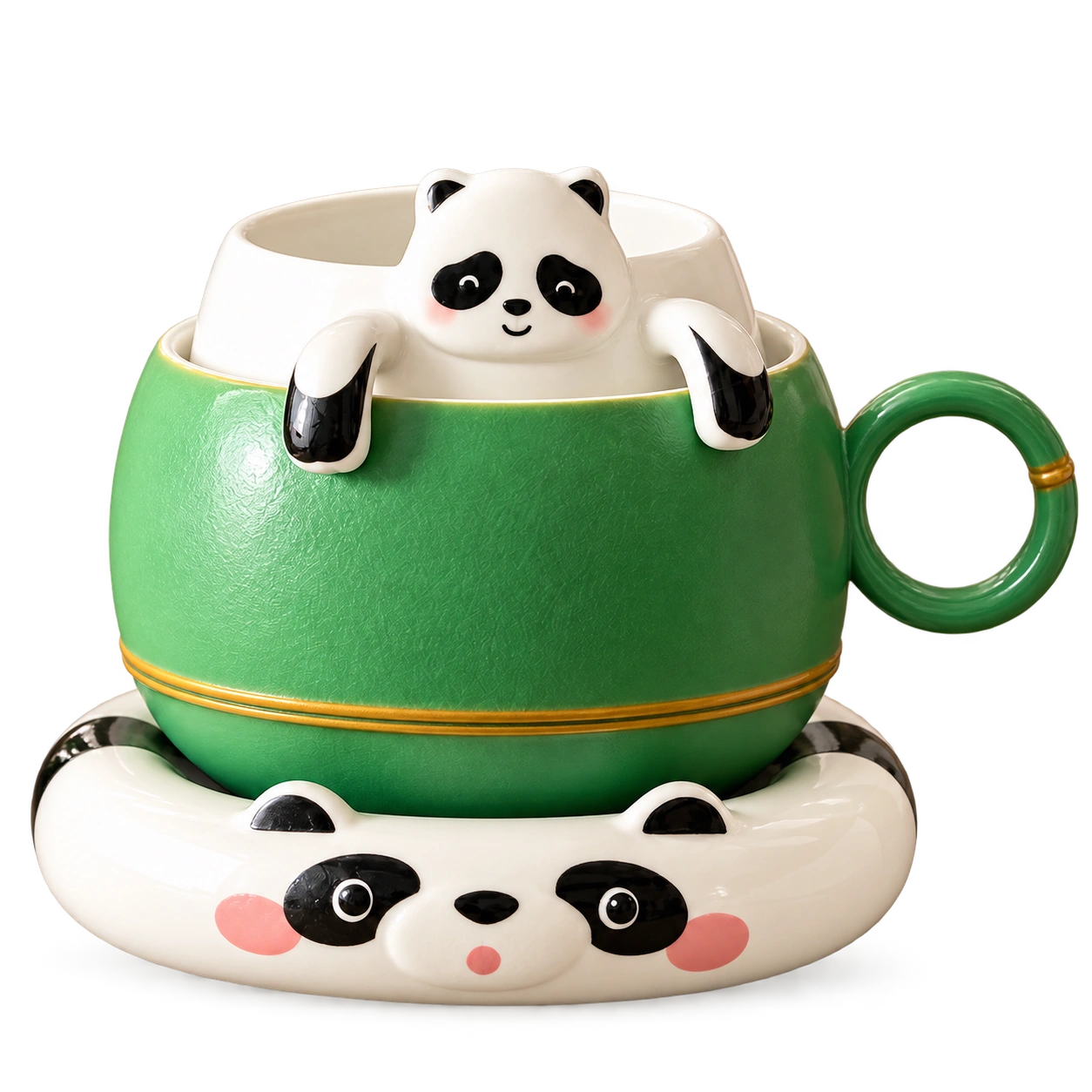 绿色熊猫造型茶杯与杯托，纯茶具不含茶叶